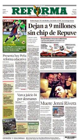 Reforma, el diario nacional de este grupo, informa de la trágica noticia en su portada.