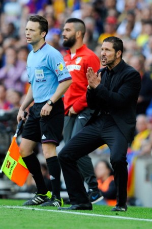 BARCELONA, SPAIN - MAY 17: Head coach Diego Pablo Simeone of Atletico de Madrid reacts during the La Liga match between FC Barcelona and Club Atletico de Madrid at Camp Nou on May 17, 2014 in Barcelona, Spain. Atletico the Madrid won the Spanish league La Liga. (Photo by David Ramos/Getty Images)