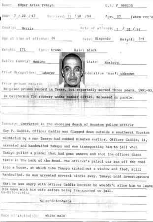 Édgar Tamayo fue acusado y condenado por la muerte del agente de policía Guy Gaddis de Houston en 1994.