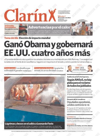 Clarín de Buenos Aires, Argentina: Ganó Obama y gobernará EE.UU. cuatro años más.