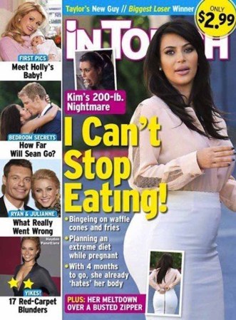 Según las publicaciones de supermercado, la estrella de “Kourtney and Kim Take Miami” pesa más de 200 libras y no puede dejar de comer.