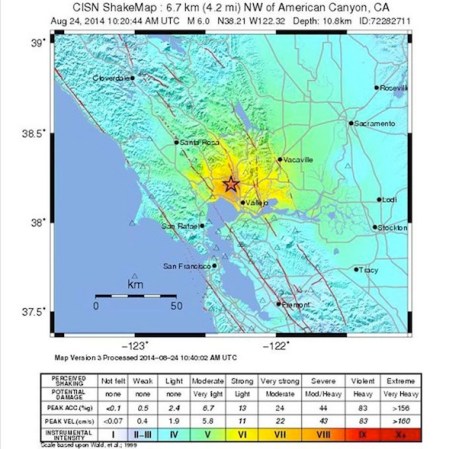 Mapa que muestra la actividad del sismo que sacudió el norte de California el 24 de agosto del 2014.