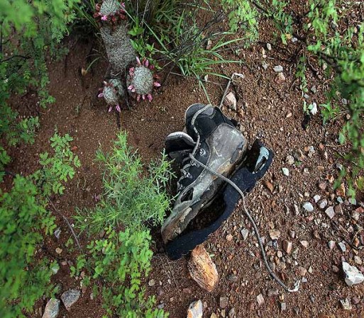 GREEN VALLEY, AZ - JULY 31: A discarded shoe lies in the desert along a trail used by immigrants crossing into Arizona from Mexico on July 31, 2010 near Green Valley, Arizona. Immigrant aid groups and law enforcement alike say that the number of immigrants crossing illegally into Arizona from Mexico has slowed dramatically in 2010, with jobs scarce due to the U.S. recession and widespread fear in the Latino community associated with Arizona's new immigration enforcement law SB 1070. (Photo by John Moore/Getty Images)