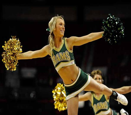 LAS VEGAS, NV - MARCH 09: A Colorado State Rams cheerleader performs during a semifinal game of the Conoco Mountain West Conference Basketball tournament against the San Diego State Aztecs at the Thomas & Mack Center March 9, 2012 in Las Vegas, Nevada. San Diego State won 79-69. (Photo by Ethan Miller/Getty Images)