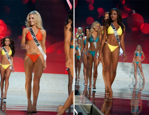 Las candidatas desfilan en traje de baño durante las etapas preliminares del certamen Miss USA.