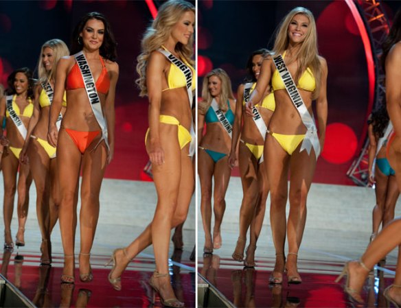 Las candidatas desfilan en traje de baño durante las etapas preliminares del certamen Miss USA.