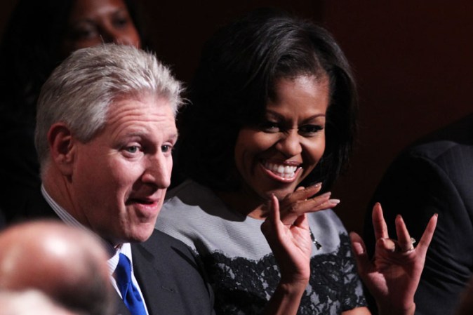 La primera dama Michelle Obama junto a Robert Wexler minutos antes de que inicie el esperado encuentro.