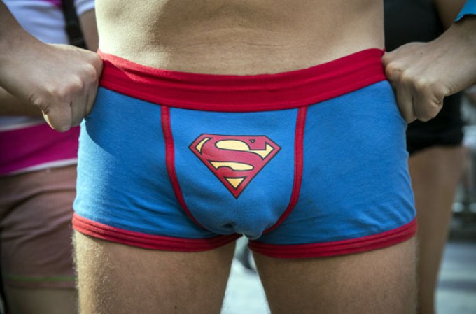 NEW YORK, NY - AUGUST 05: A man with "Superman" underwear is seen while attempting to break the Guinness Book of World Records' record for "the most amount of people gathered in their underwear in the Times Square section of New York" on August 5, 2013 in New York City. Organizers were hoping to get 2,271 people to strip down to their underwear - the current record is 2,270. (Photo by Andrew Burton/Getty Images)