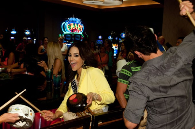 Miss New Jersey USA 2013, Libell Duran, practices with instruments from the show Recycled Percussion at the Catalyst Bar at Quad with in Las Vegas, Nevada on Monday June 3, 2013. She will spend the next 2 weeks touring, filming, rehearsing, and making new friends while preparing to compete for the coveted Miss USA Diamond Nexus Crown. Tune in to the crowning moment LIVE on NBC starting at 9:00 PM ET on June 16th, 2013 from PH Live.
HO/Miss Universe Organization L.P., LLLP.