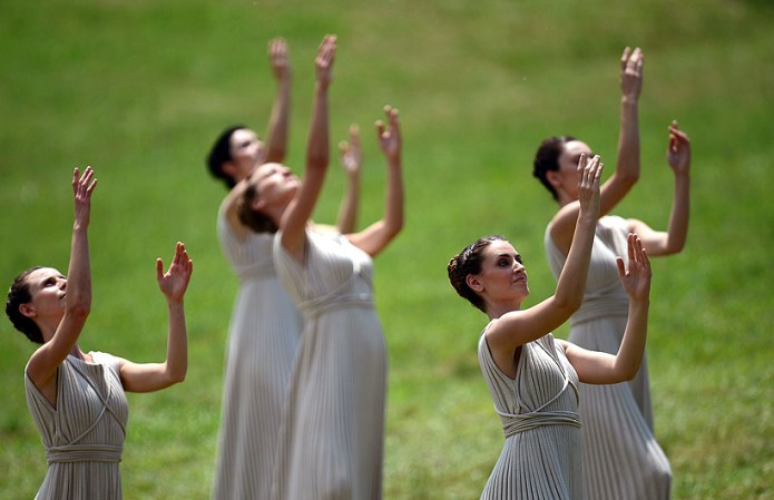 ATHENS, GREECE - MAY 10: Priestesses during the performance of 'the gable's on the hill during the Lighting Ceremony of the Olympic Flame at Ancient Olympia on May 10, 2012 in Olympia, Greece. (Photo by Jamie McDonald/Getty Images)