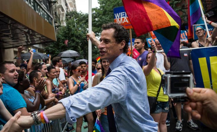 NEW YORK, NY - JUNE 30: New York City mayoral candidate Anthony Weiner marches in the New York Gay Pride Parade on June 30, 2013 in New York City. This year's parade was a particularly festive occasion, due to the recent Supreme Court Ruling that it was unconstitutional to ban gay marriage. (Photo by Andrew Burton/Getty Images)