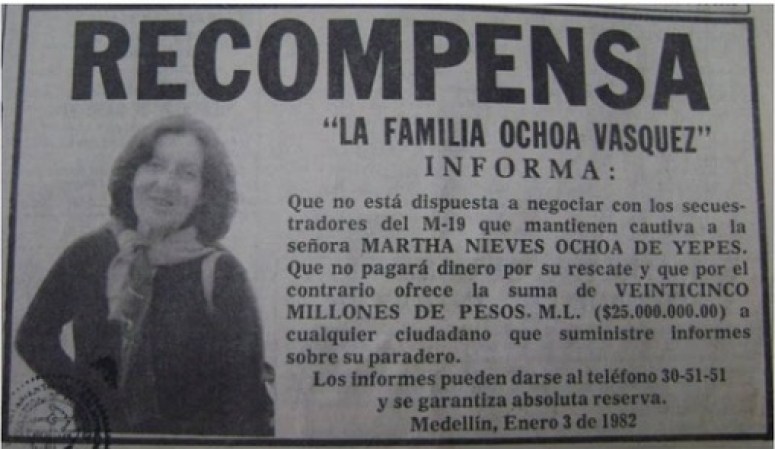 Panfleto que la familia Ochoa repartió por el secuestro de su hermana menor Blanca Nieves Ochoa Vasquez, que fue posteriormente liberada.