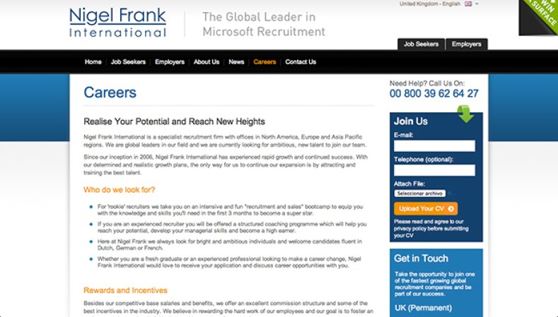 Nigel Frank International US <br /><br />Industria: Software <br /><br />Puestos de trabajo: Desarrolladores, Técnicos, Ingenieros <br /><br />Las plazas son para: California, Nueva York, Illinois. Florida, Minnesota