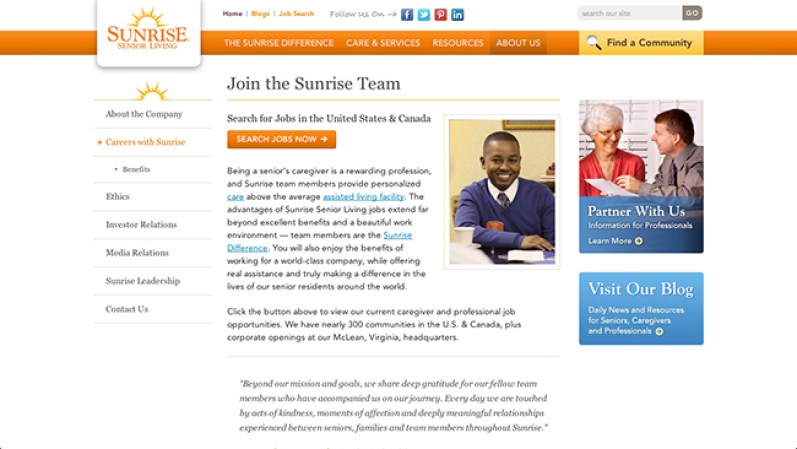 Sunrise Senior Living<br /><br />Industria: Salud, Servicios de Salud<br /><br />Puestos de trabajo: California, Illinois, Texas, New Jersey<br /><br />Las plazas son para: Gerentes, Directores de Operación, Coordinadores de Salud, Enfermeras, Personal de Limpieza