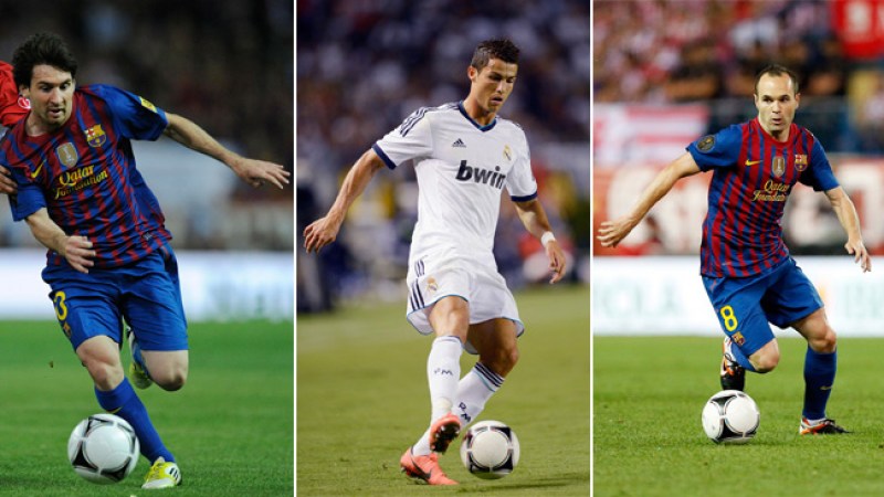 De izquierda a derecha Messi, Cristiano e Iniesta.