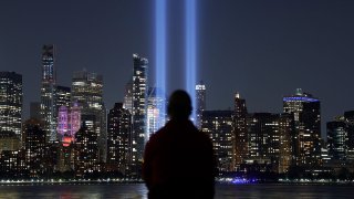 In this Sept. 11, 2019, file photo, the annual Tribute in Light illuminated on the skyline of lower Manhattan on the 18th anniversary of the 9/11 attacks in New York City as seen from Jersey City, New Jersey.