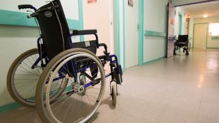 A wheelchair in a nursing home.
