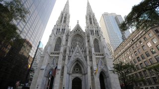 This Aug. 30, 2015, file photo, shows the newly renovated and cleaned facade of St. Patrick's Cathedral in New York.
