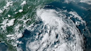 A storm system hovers off the coast of Virginia on July 9, 2020, at approximately 6 p.m. eastern time. The National Hurricane Center say the storm may be the first named storm of the season: Tropical Storm Fay.