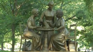 A bronze statue depicting women’s rights pioneers Sojourner Truth, Elizabeth Cady Stanton and Susan B. Anthony was unveiled in Central Park