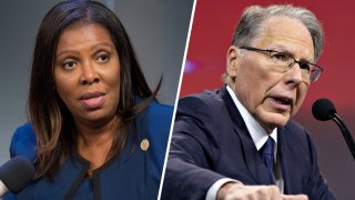 New York Attorney General Letitia James, left, announced a lawsuit against the NRA and its current top officials, including NRA CEO Wayne LaPierre, right.
