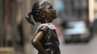 Wall Street’s “Fearless Girl” statue wears a lace collar in memory of the late Supreme Court justice Ruth Bader Ginsburg