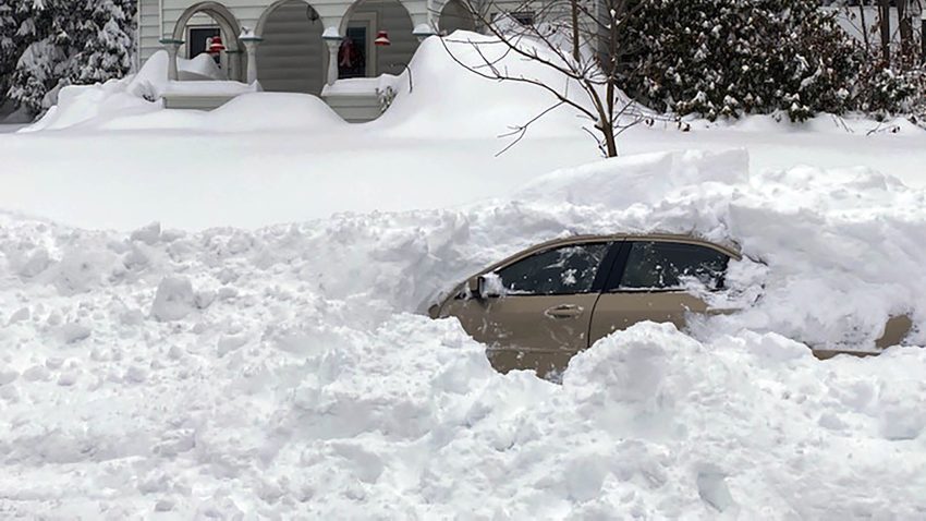 This photo, provided by the New York State Police, shows a car, in Owego, NY, from which a New York State Police sergeant rescued Kevin Kresen, 58, of Candor, NY, stranded for 10 hours, covered by nearly 4 feet of snow