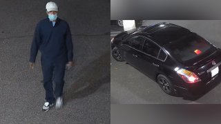 Left: A man wearing blue pants and a blue sweater, as well as a white cap and a face mask, walks. Right: A black Nissan Altima