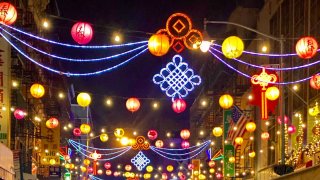 Traditional paper lanterns lit up in Chinatown