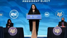 California official Isabel Guzman, nominee for Small Business Administrator, speaks after being nominated by US President-elect Joe Biden at The Queen theater January 8, 2021 in Wilmington, Delaware. - Biden and Harris announced on January 8, 2021 the following nominees for their economic and jobs team: for Secretary of Commerce, Rhode Island Governor Gina Raimondo; for Secretary of Labor, Boston Mayor Marty Walsh; for Small Business Administrator, California official Isabel Guzman; and for Deputy Secretary of Commerce, Biden's former counselor Don Graves. (Photo by JIM WATSON / AFP) (Photo by JIM WATSON/AFP via Getty Images)