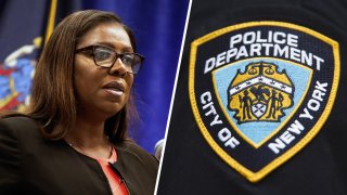 New York Attorney General Letitia James, left; the patch of the New York City Police Department, right.