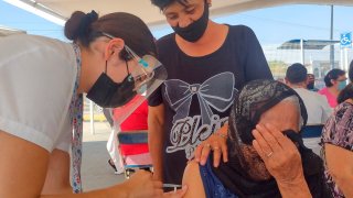 Una mujer anciana se cubre la cara mientras la vacunan