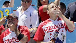 oey Chestnut R is pictured during the annual Nathan's Hot Dog Eating Contest at Coney Island of New York