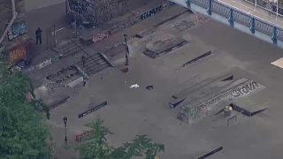 A skate park sits empty on the Lower East Side after a man was found stabbed to death.