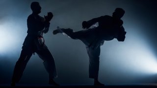 Imagen genérica de archivo de la silueta de dos hombres practicando artes marciales.