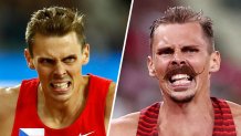 Czech decathlete Adam Helcelet competes during the 16th IAAF World Athletics Championship, Aug. 11, 2017, left, and in the Tokyo Olympics, Aug. 4, 2021, right.