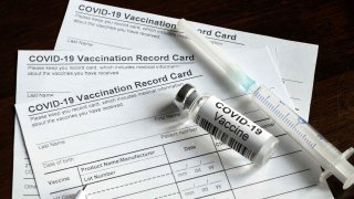 A vaccination card, vaccine dose and syringe