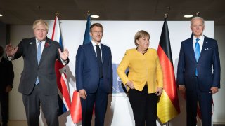 El primer ministro británico Boris Johnson, el presidente francés Emmanuel Macron, la canciller alemana Angela Merkel y el presidente de EEUU, Joe Biden.
