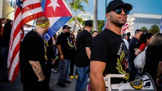 Henry "Enrique" Tarrio, leader of The Proud Boys, attends a protest showing support for Cubans demonstrating against their government, in Miami, Florida on July 16, 2021.