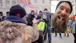 Scott Fairlamb, seen in the inset with a pepper ball in his mouth, moments before he punches a police officer during the Jan. 6 Capitol Riot in Washington, D.C.