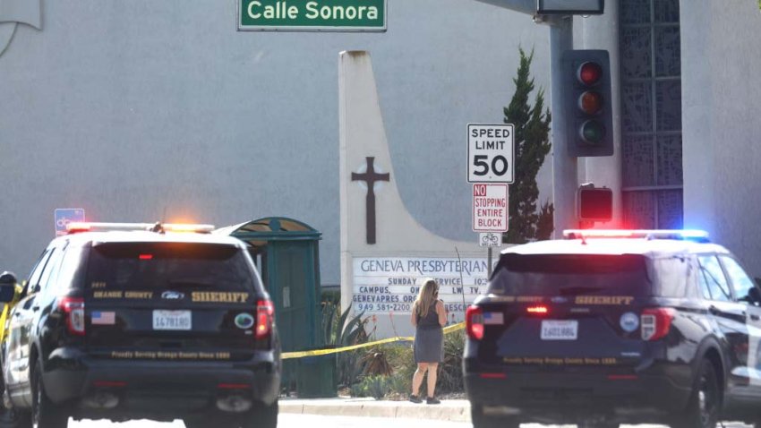 LAGUNA WOODS, CALIFORNIA – MAY 15: Police vehicles are parked near the scene of a shooting at the Geneva Presbyterian Church on May 15, 2022 in Laguna Woods, California. According to police, the shooting left one person dead, four critically wounded, and one with minor injuries. (Photo by Mario Tama/Getty Images)