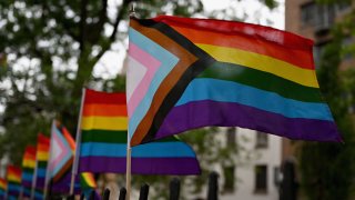 Rainbow flags, a symbol of lesbian, gay, bisexual, transgender (LGBT) and queer pride and LGBT social movements, are seen outside the Stonewall Monument in New York City on June 7, 2022. LGBTQ Pride Month is celebrated in the month of June to honor the 1969 Stonewall riots.