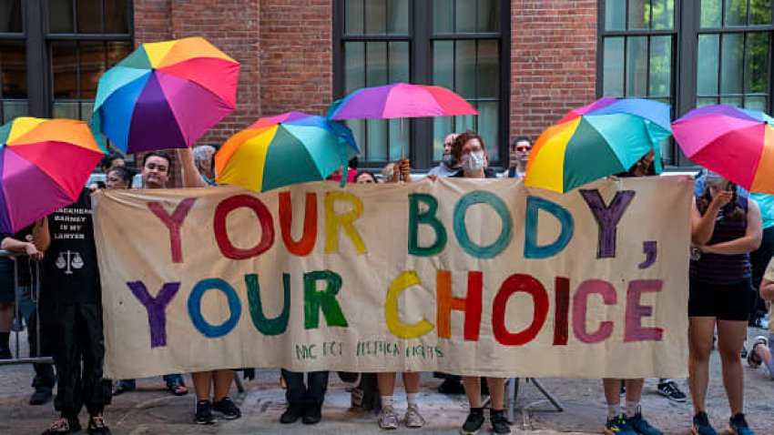 Pro-abortion rights protesters demonstrate outside the Planned Parenthood clinic and office in downtown Manhattan on August 6, 2022 in New York City.