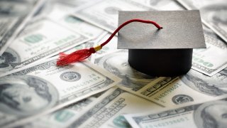 Graduation mortar board cap on one hundred dollar bills concept for the cost of a college and university education