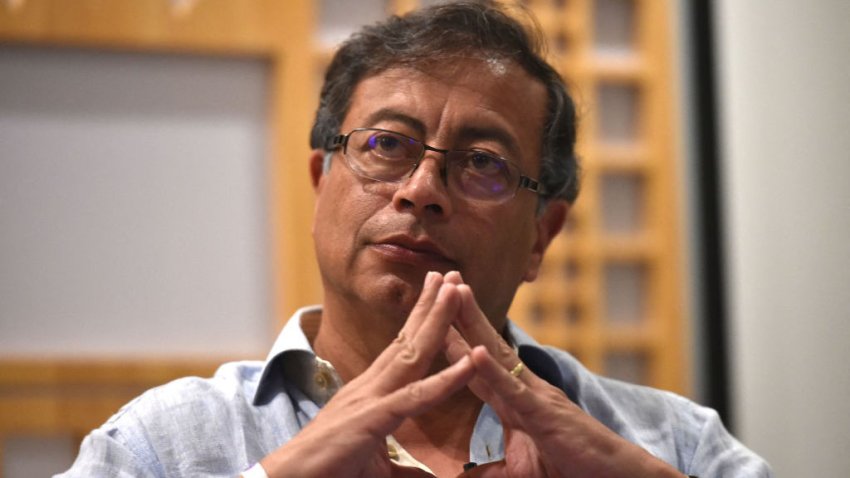 Colombian presidential pre-candidate for the "Colombia Humana" political party, Gustavo Preto, speaks during an interview with AFP in Cali, Colombia, on Feburary 18, 2022. – An army of bodyguards watches over the crowd chanting his name. Former guerrilla member Gustavo Petro, favorite in the polls to win the presidency in Colombia, is confident that this time not even the "ghost of political assassination" will scare away the rise of the "progressive" left. (Photo by Luis ROBAYO / AFP) (Photo by LUIS ROBAYO/AFP via Getty Images)