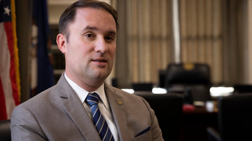 RICHMOND, VA – JANUARY 19:   The newly sworn-in Attorney General of Virginia, Jason Miyares sits in his office January 19, 2022 in Richmond, Virginia. (Photo by Julia Rendleman for The Washington Post via Getty Images)