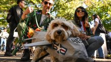 Aaron Reeves and Farah Azmi with their cockapoo, Theo, dressed as Top Gun: Maverick. (Photo by Alexi Rosenfeld/Getty Images)