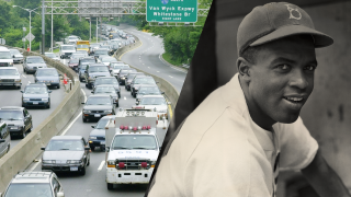 Split image of Jackie Robinson Parkway and the famed baseball player.