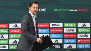 El presidente de la Federación Mexicana de Fútbol, Yon de Luisa, en una conferencia de prensa en diciembre de 2022, en la Copa Mundial Catar 2022.
