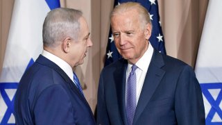 FILE - Israeli Prime Minister Benjamin Netanyahu, left, and Vice President Joe Biden talk prior to a meeting on the sidelines of the World Economic Forum in Davos, Switzerland, Jan. 21, 2016.